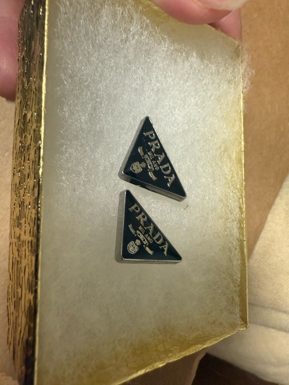 Prada Black Triangle Logo Stud Earrings with Silver Trim